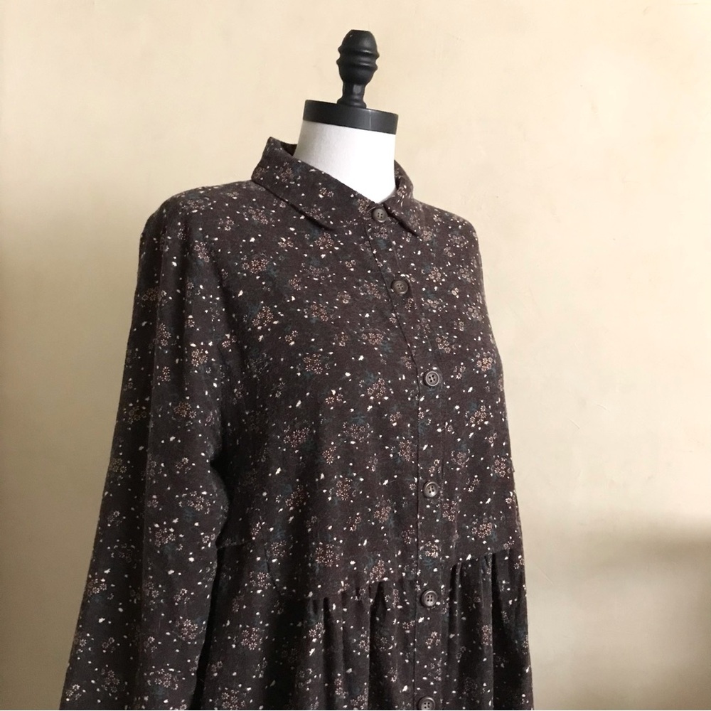 Floral Brown Long Sleeve Flannel Dress - Picture 4 of 11